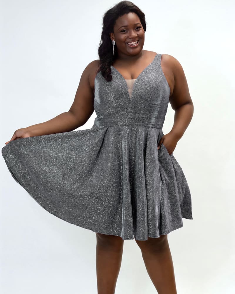 Front of a model wearing a size 28 All That Shimmers Party Dress in Gunmetal by Sydney's Closet. | dia_product_style_image_id:285781